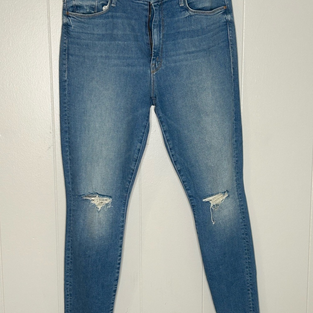Women's Mother High Waisted Looker Ankle Fray Distressed Blue Jeans 31